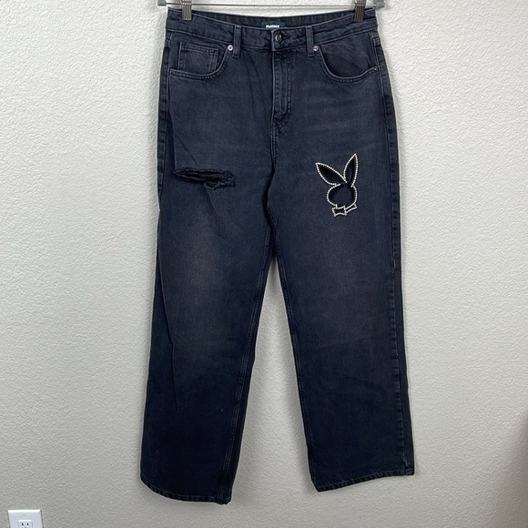 NWT Playboy High Rise Wide Leg Jeans Rhinestone Bunny Cut Out Sz 29 - Picture 5 of 16
